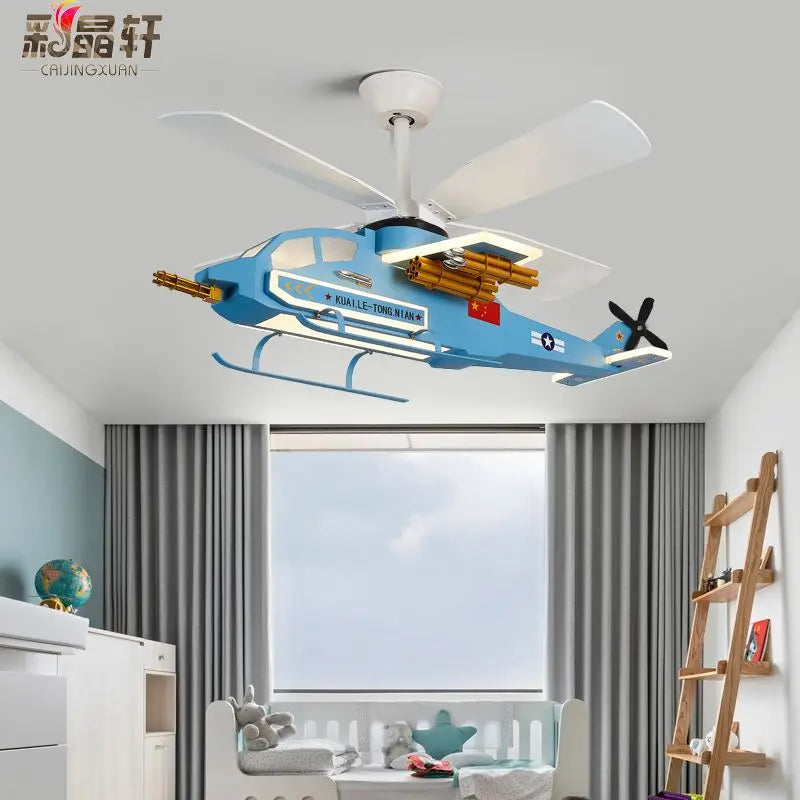 Afralia™ Children's Room Airplane Helicopter Fan Light - Creative Boy Bedroom Ceiling Light