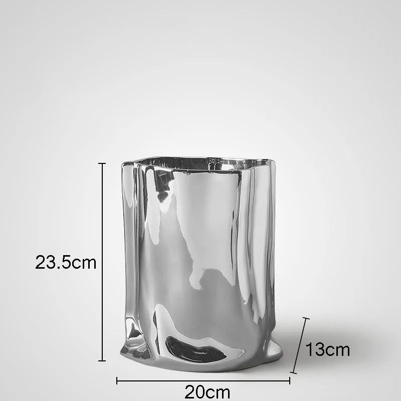 Afralia™ Silver Ceramic Vase Pleated Decoration Modern Home Decor Flowers Pots