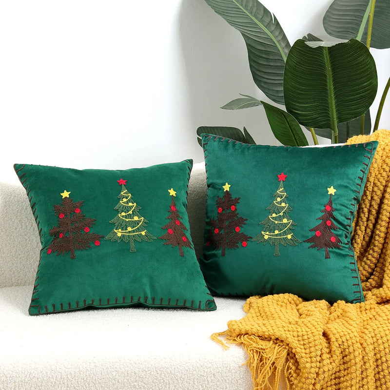 Afralia™ Christmas Tree Embroidered Pillow Covers - Festive Cushion Cover 45x45cm