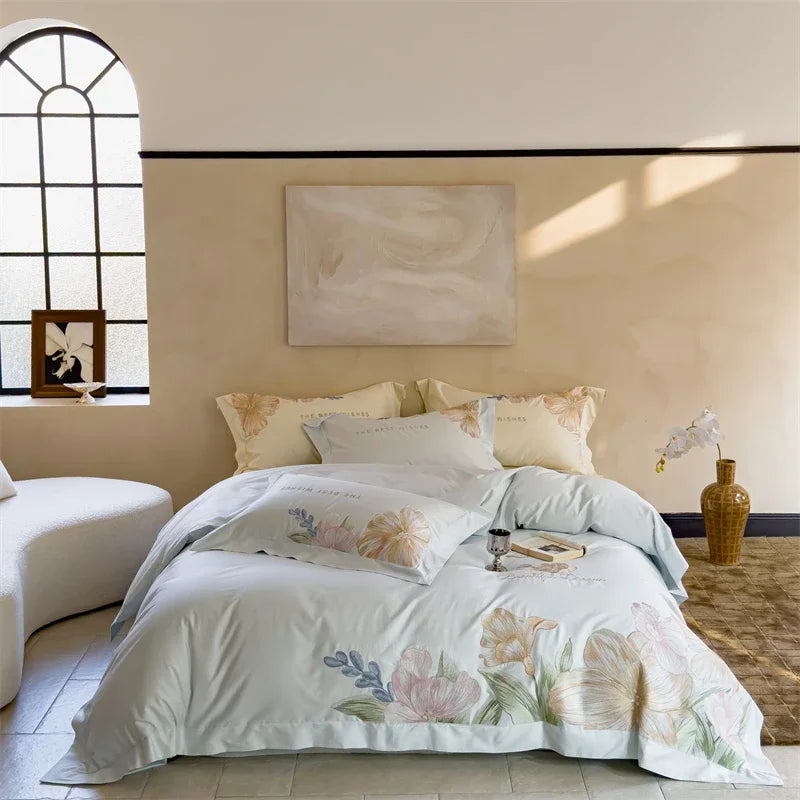 Afralia™ 100S Egyptian Cotton Embroidery Bed Linens Set for Queen King Euro Size