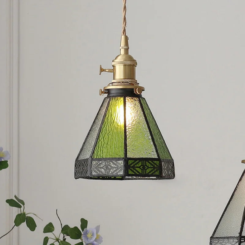 Afralia™ Loft Green Tiffany Glass LED Pendant Lights with Copper Knob Switch