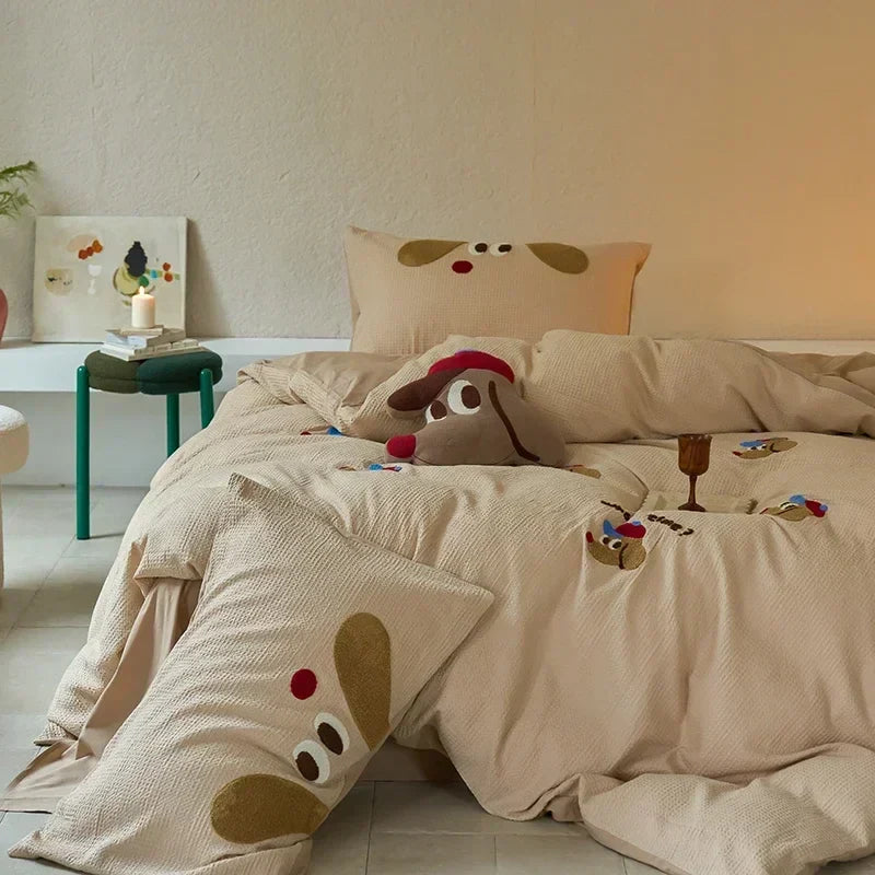Afralia™ Waffle Embroidered Cotton Bedding Set with Sheet, Pillow, and Cover - Luxe, Cozy