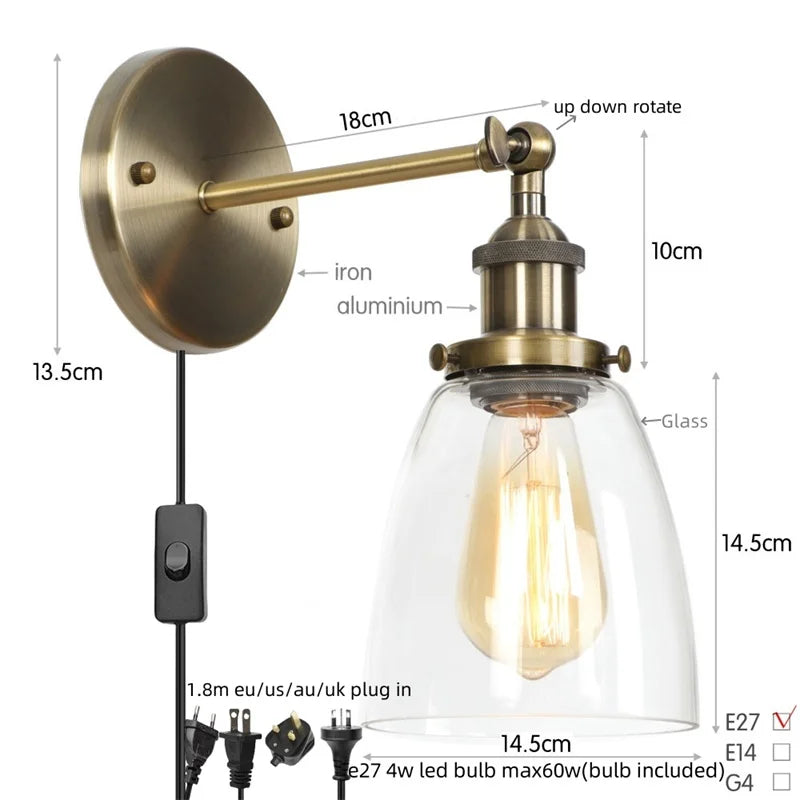 Afralia™ Vintage Single Arm LED Wall Lamp Iron Glass Retro Stair Light