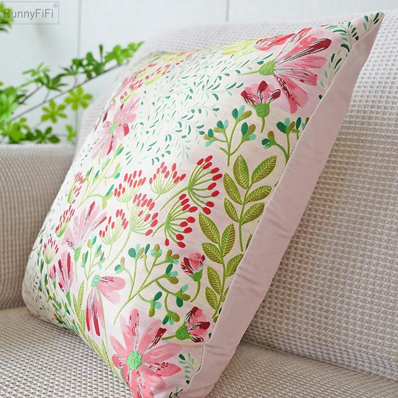 Afralia™ Jacquard Floral Pillow Cover 45x45cm Pink Green Blue Soft Smooth Touch