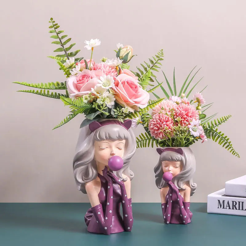 Afralia™ Bubble Gum Girl Flower Vase - Stylish Resin Plant Pot for Home Decor