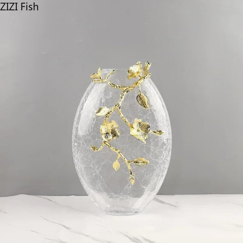 Afralia™ Golden Flower Glass Vase Desk Decoration, Aesthetic Floral Vases, Room Decor