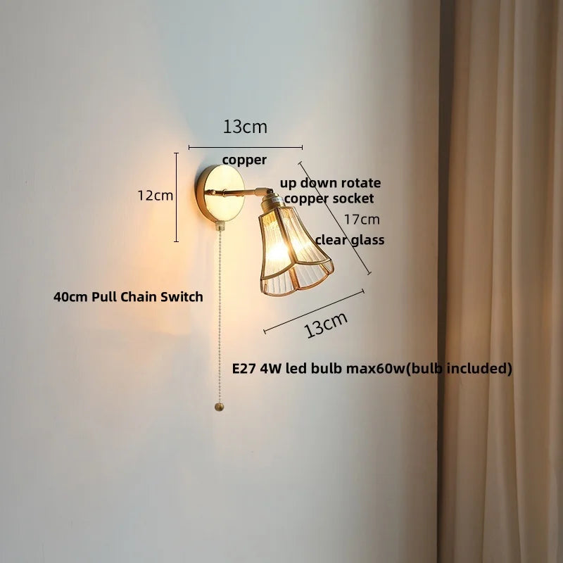 Afralia™ Copper LED Wall Lights Clear Glass Switch Bedside Lamp Nordic Modern