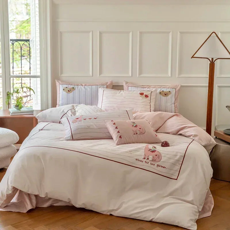 Afralia™ Cotton Embroidered King Queen Bedding Set with High-Quality Duvet Cover Pillowcases