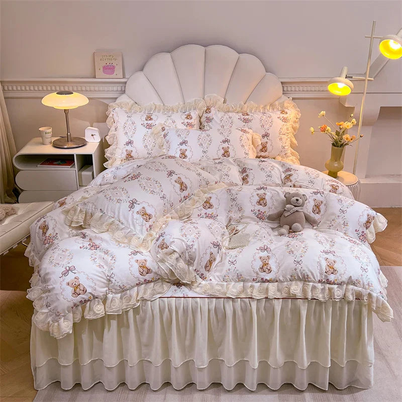 Afralia™ Princess Lace Ruffles Floral Bedding Set with Duvet Cover and Bed Skirt