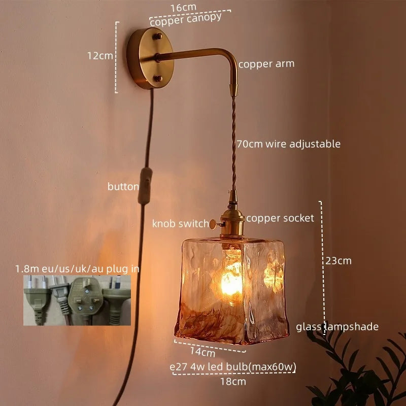 Afralia™ Glass Copper LED Wall Sconce Vintage Style for Bedroom Dining Room Mirror Lighting