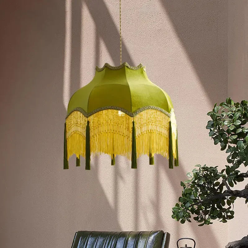 Afralia™ Vintage Green Tassel Pendant Light with Cloth Lamp Shade