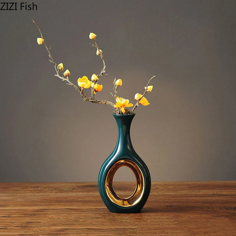 Afralia™ Gold Ceramic Vase with Artificial Flowers | Table Decoration | Room Aesthetic Decor