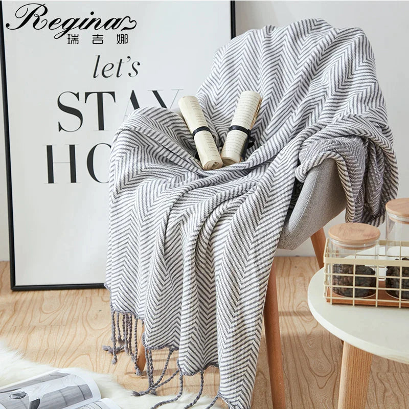 Afralia™ Stripe Knit Throw Blanket with Fringes - Brown Gray Cotton Sofa Bed TV Travel Blanket