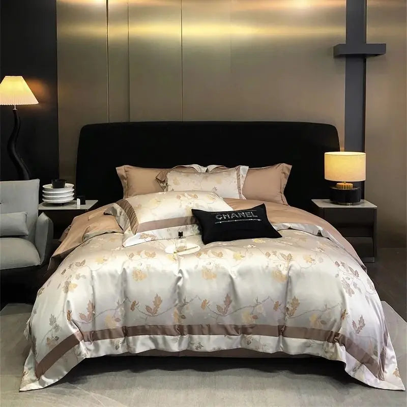 Afralia™ Brocade Satin Jacquard Luxury Cotton Bedding Set - Duvet Cover, Sheet, Pillowcases