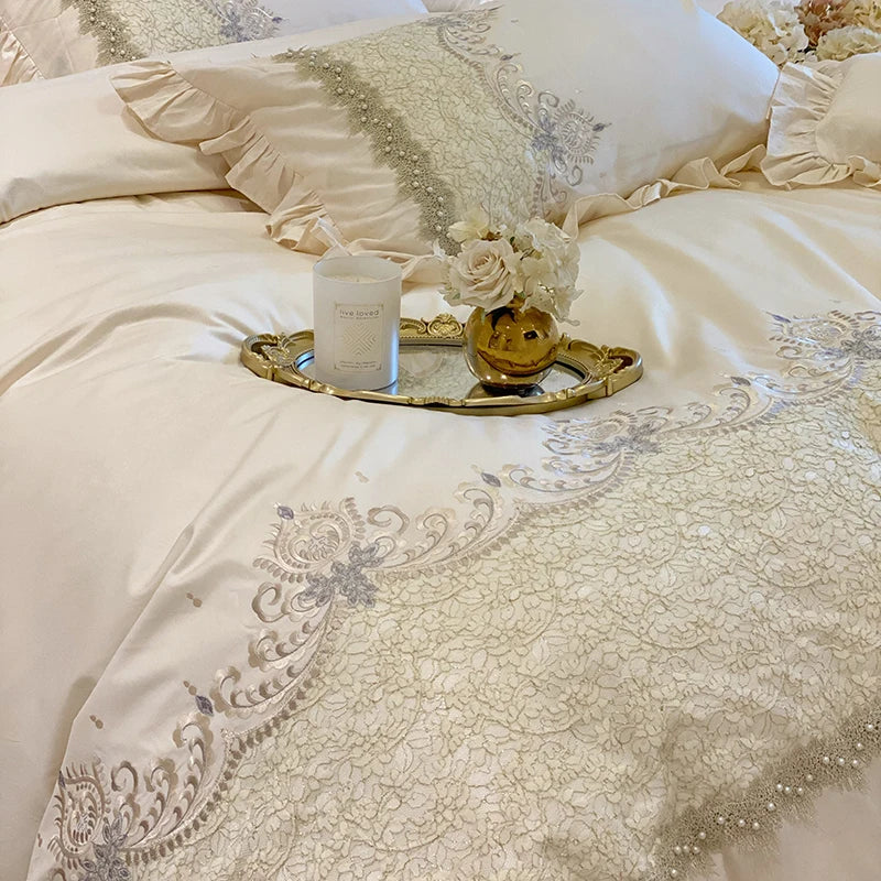 Afralia™ Embroidered Ruffles Beads Bedding Set with Egyptian Cotton Duvet Cover