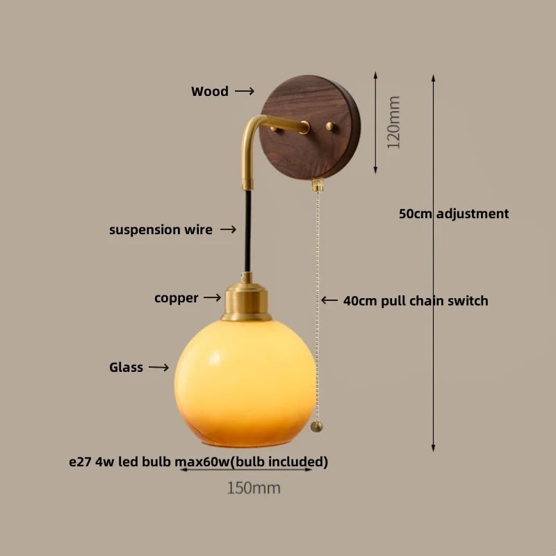 Afralia™ Copper Adjustable LED Wall Light - Modern Nordic Design, Pull Chain Switch, White Glass