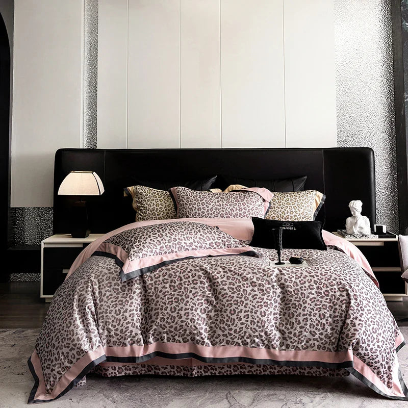 Pink Leopard Jacquard Lyocell Cotton Bedding Set by Afralia™ - Queen King Size Soft Silky Bed Set