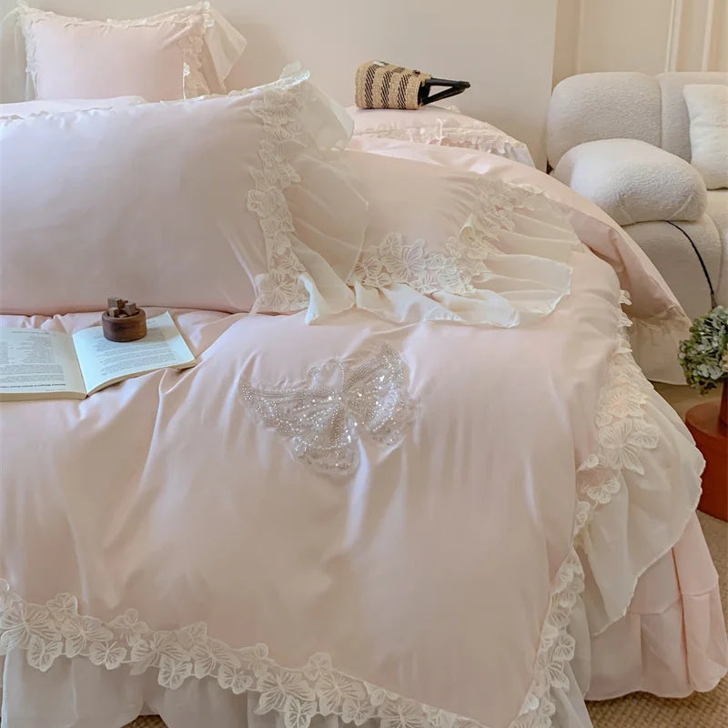 Afralia™ Pink Lace Butterfly Embroidery Bedding Set 4Pcs, Princess Wedding Theme