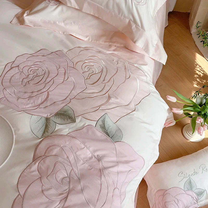 Afralia™ Pink Rose Applique Cotton Embroidery Bedding Set 500TC Soft Skin-friendly Duvet Cover