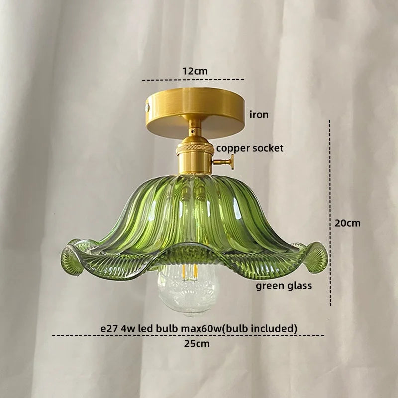 Afralia™ Green Glass Copper Ceiling Light Fixture Balcony Kitchen Modern LED Lamp