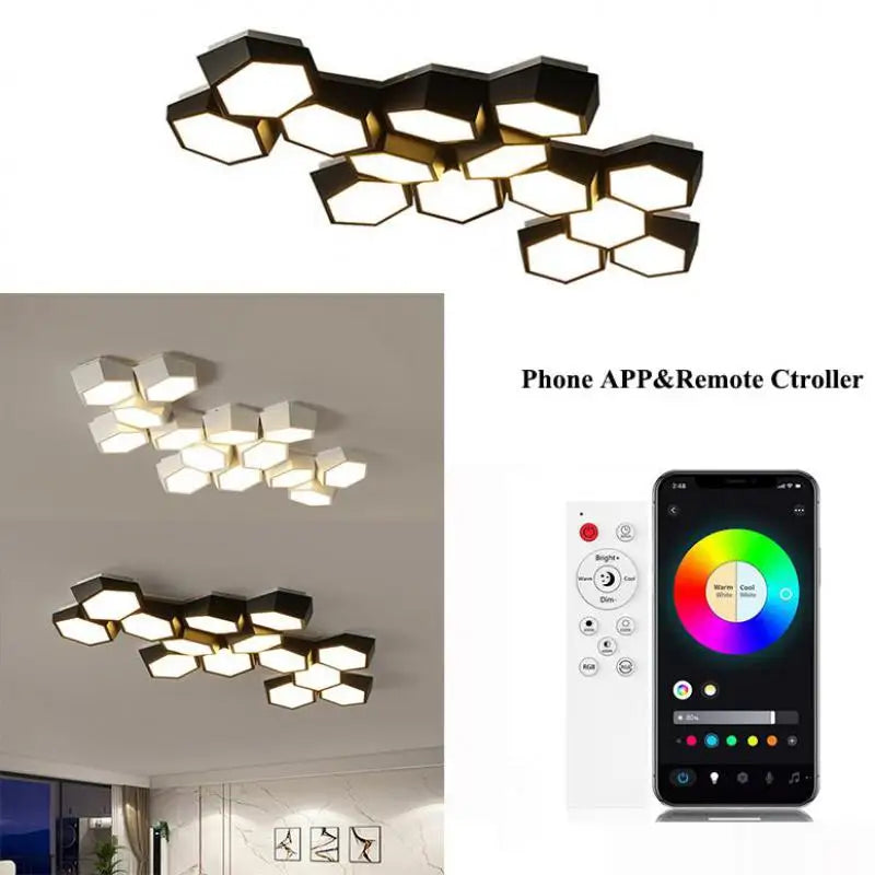 Afralia™ Hexagon LED Ceiling Lights, Smart Control Dimmable Chandelier for Living Room & Bedroom