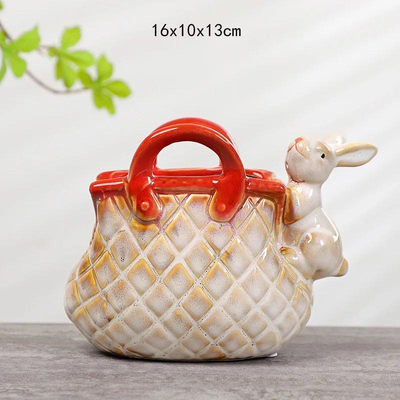 Afralia™ Ceramic Vase Handbag Embossed Flower Arrangement Home Decoration