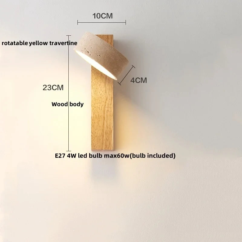 Afralia™ Yellow Travertine Wood Canopy LED Wall Light, Japan Style Bedside Lamp