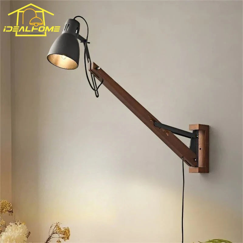 Afralia™ LED Long Pole Swing Arm Wall Lamp, Solid Wood, Adjustable, Industrial Designer