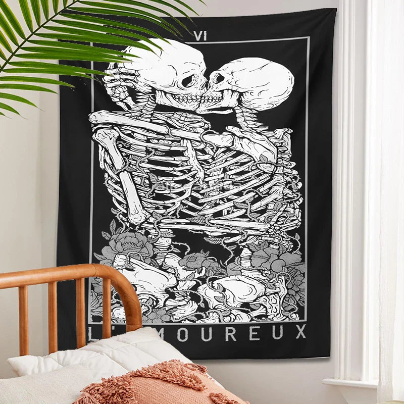 Afralia™ Kissing Lovers Tarot Tapestry: Skeleton & Rose Hippie Room Decor