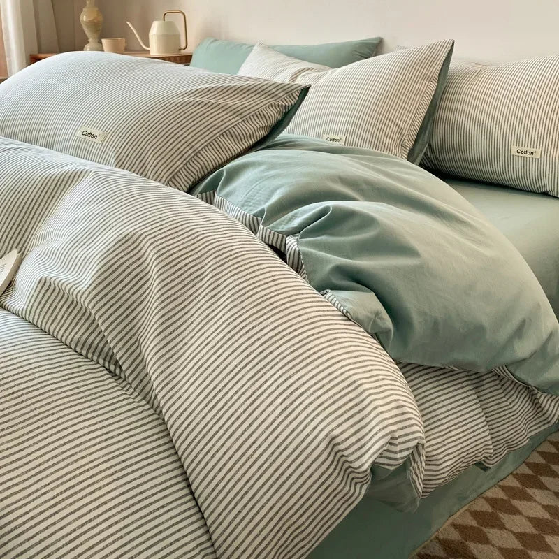 Afralia™ Grid Printed Cotton Fitted Sheet Set - Double-Sided Mix Color Quilt Cover