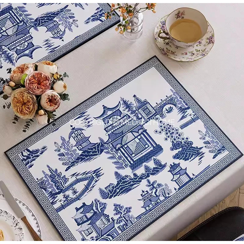 Afralia™ Chinoiserie Bird Branches Placemat Set - Blue & White Porcelain Waterproof PU Fabric