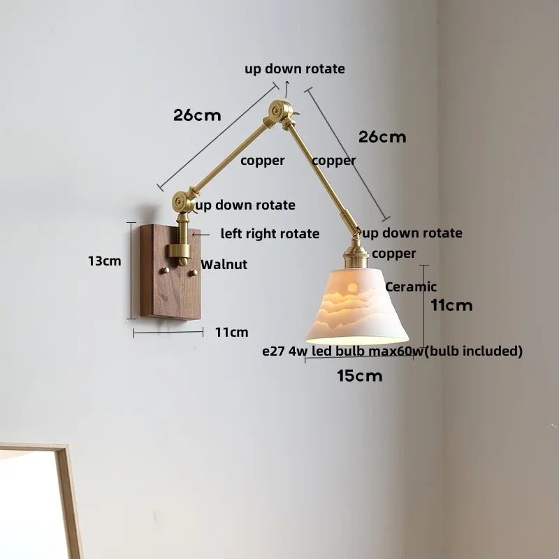 Afralia™ Wood LED Wall Light with Pull Chain Switch & Rotatable Amber Glass