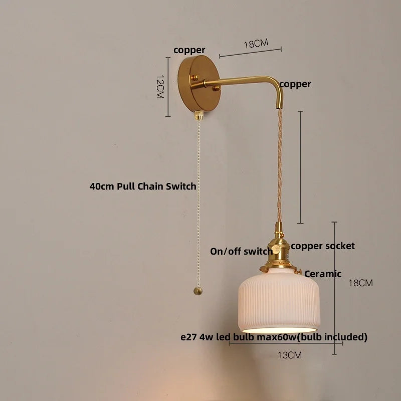 Afralia™ Ceramic Copper Wall Light Fixture with Pull Chain Switch, E27 LED, Modern Nordic Design