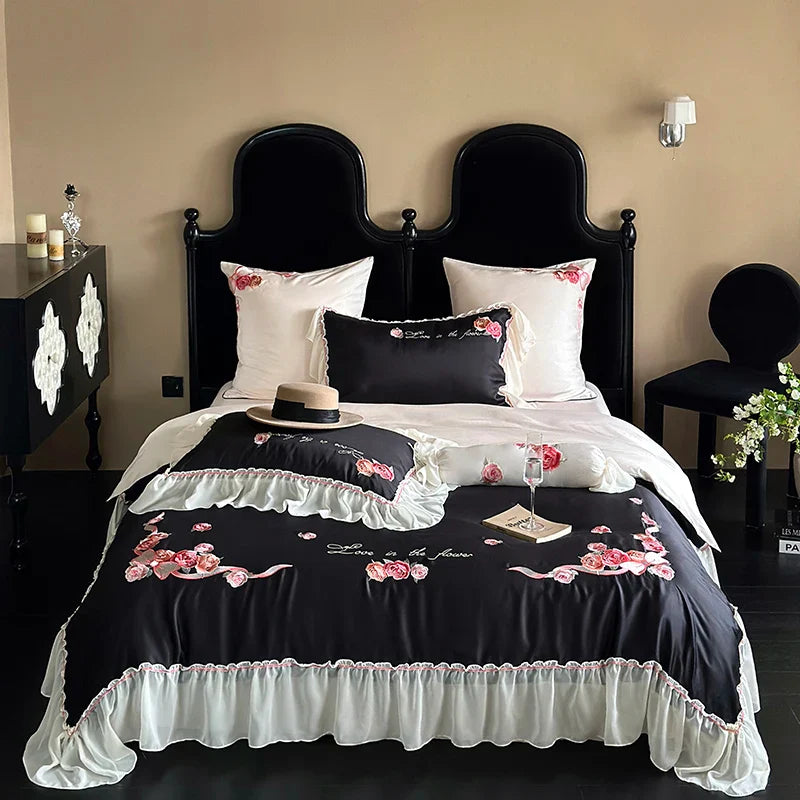 Afralia™ Floral Lace Princess Wedding Bedding Set with Lyocell Cotton Duvet Cover & Ruffles
