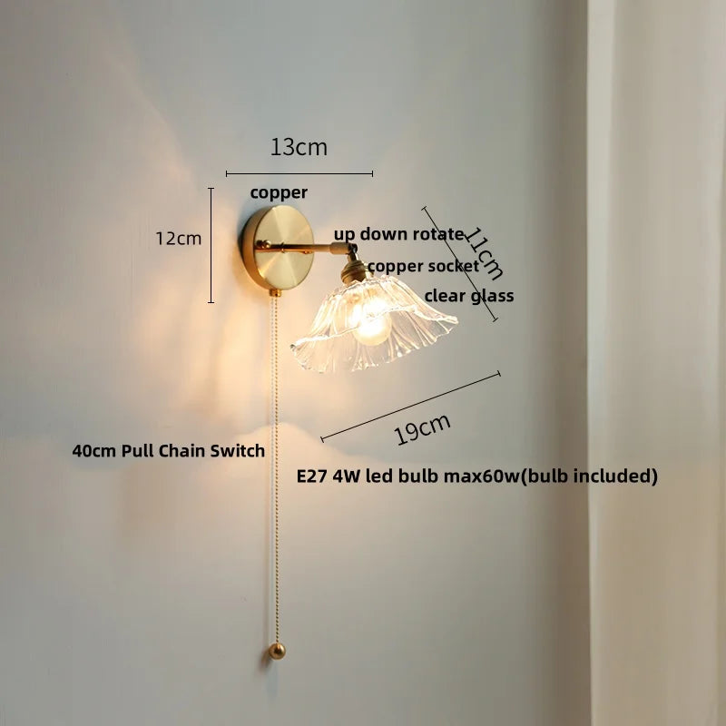 Afralia™ White Glass Copper LED Wall Sconce with Pull Chain Switch