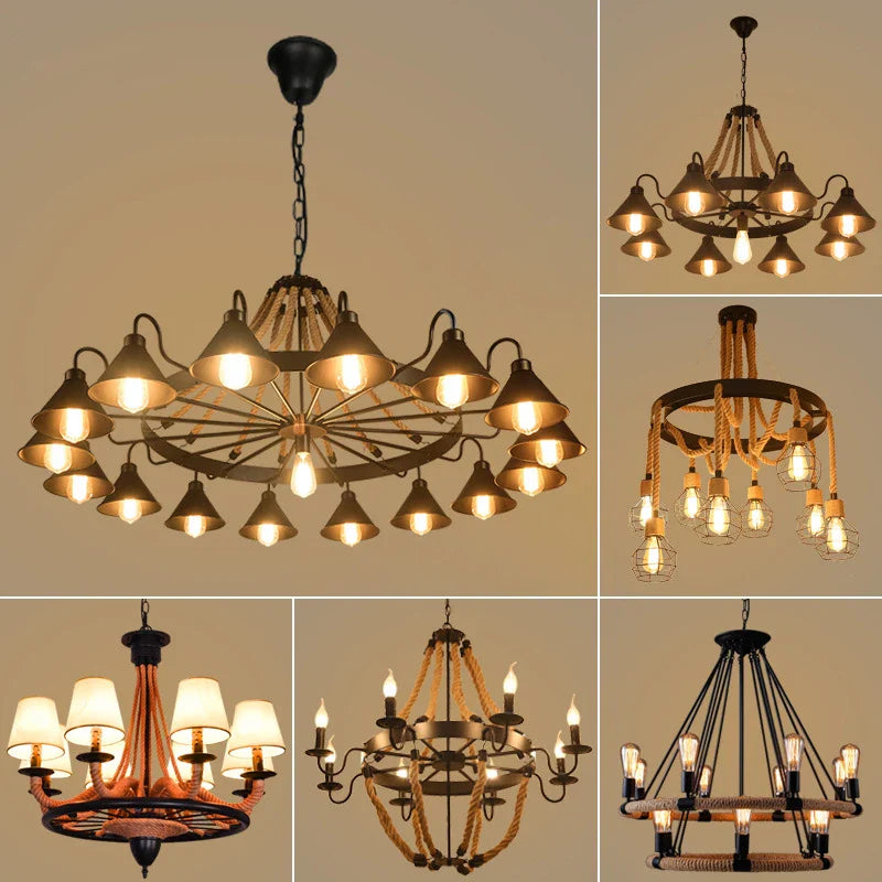 Afralia™ Retro Hemp Rope Chandelier: Industrial Style for Cafes, Restaurants, and Shops