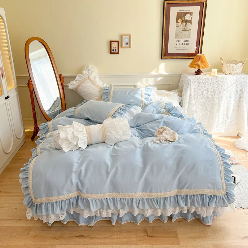 Afralia™ French Vintage Ruffles Embroidery Bedding Set, Cream White, 100% Cotton, Quilt Cover