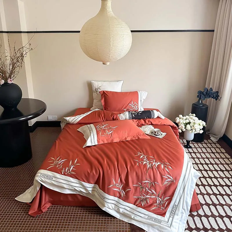 Afralia™ Bamboo Embroidery 1000TC Egyptian Cotton Bedding Set in Luxury Dark Blue