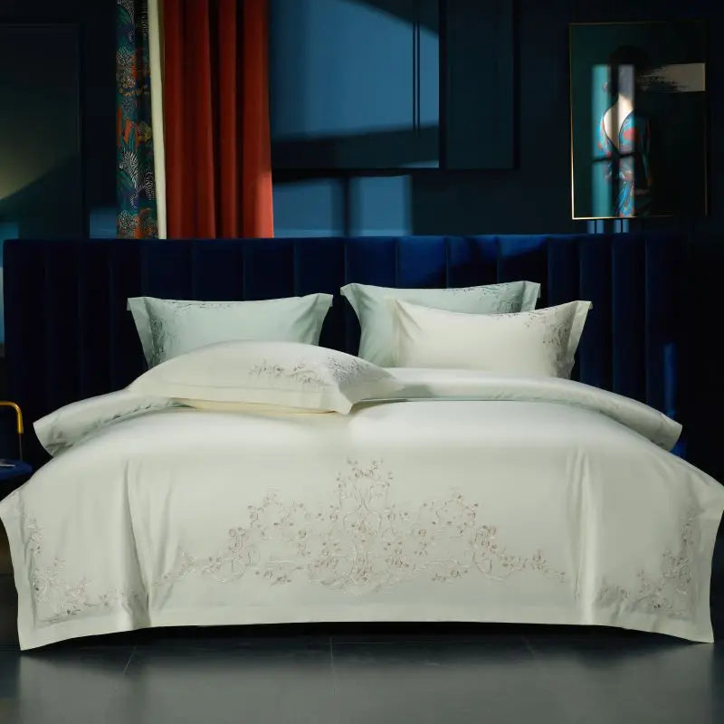 Afralia™ Elegant Flowers Embroidery 1000TC Egyptian Cotton Bedding Set Home Textiles