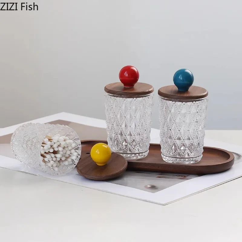 Afralia™ Colorful Ceramic Ball Glass Jar with Walnut Lid for Earrings & Jewelry Storage