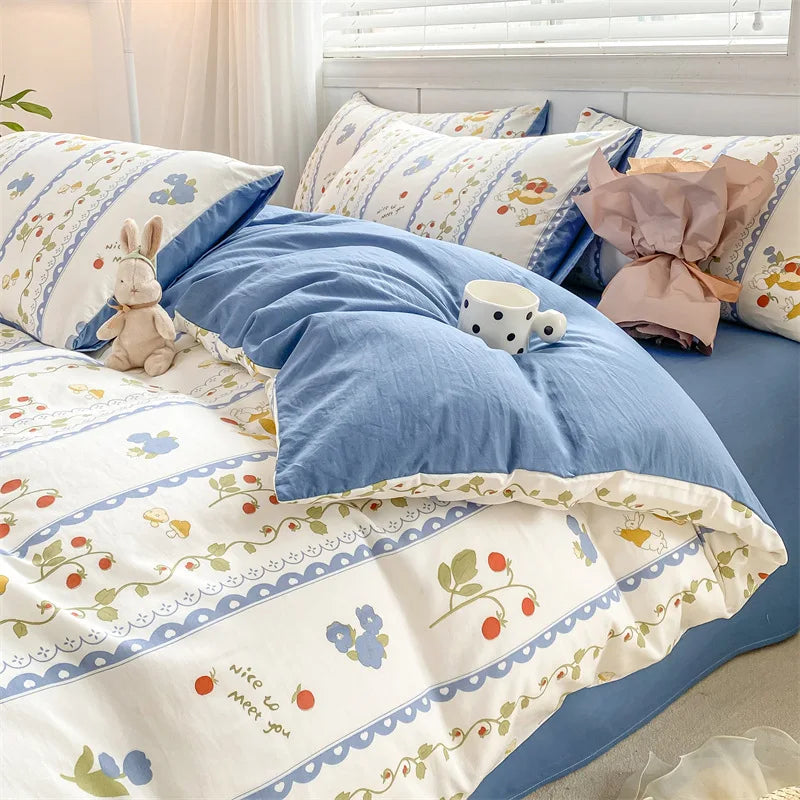 Afralia™ Cartoon Heart Floral Print Duvet Set with Bed Sheet & Pillowcases
