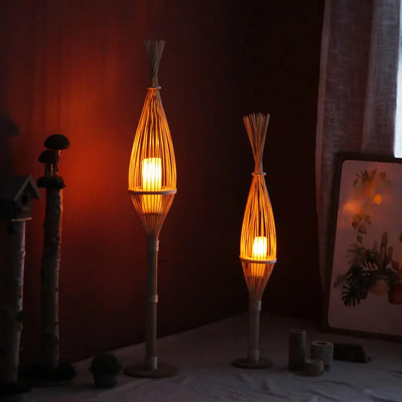 Afralia™ Rattan Bamboo Weaving Floor-to-Ceiling Wind Lamp Candlestick Tea Room Hotel Decoration