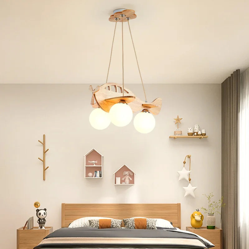 Afralia™ Wooden Airplane Chandelier for Boy's Room & Kindergarten - Creative & Modern Cartoon Lights