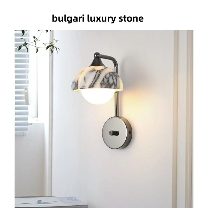 Afralia™ Marble Stone LED Wall Sconce, Rotatable Switch, White Glass, Carbon Steel