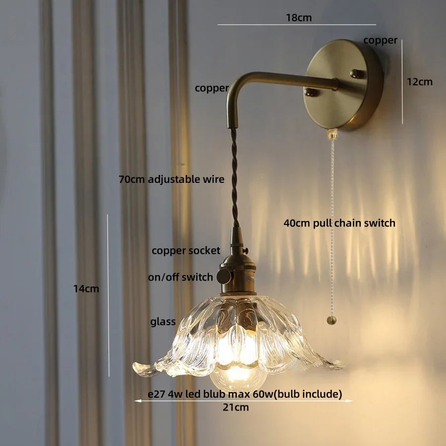 Afralia™ Glass & Copper Green Flower LED Wall Sconce with Pull Chain