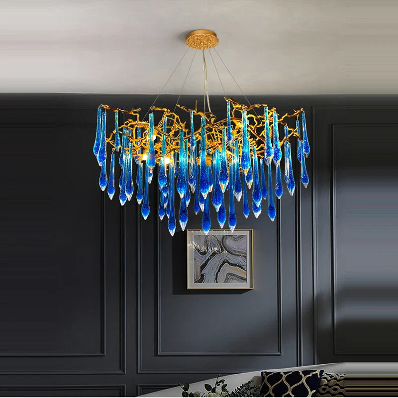 Afralia™ Classic Blue Crystal LED Chandelier Lighting Fixture for Living Room