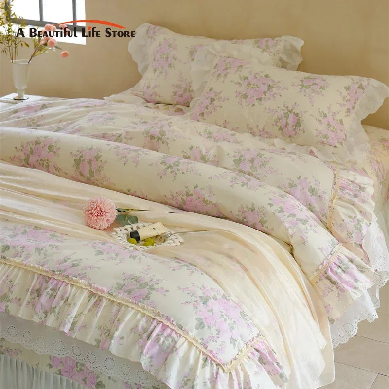 Afralia™ Pure Cotton Floral Quilted Bedding Set with Lace Ruffles