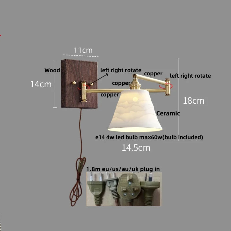 Afralia™ Wood Swing Arm LED Wall Lamp with Rotatable Shade & Pull Chain Switch