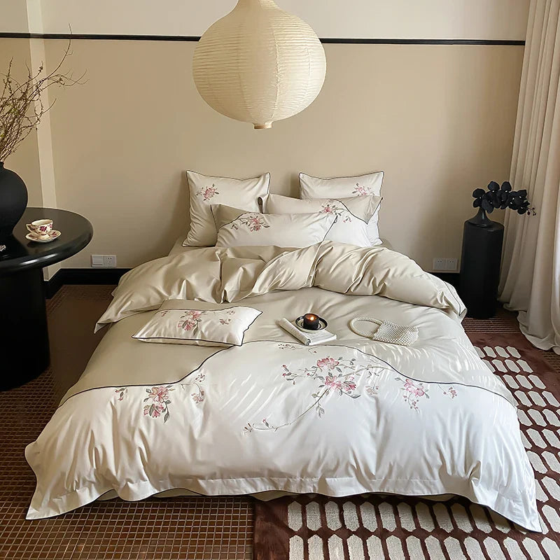 Afralia™ Chinese Flowers Embroidery Luxury Bedding Set - 1000TC Egyptian Cotton Duvet Cover, Flat Sheet, Fitted Sheet, Pillowcases