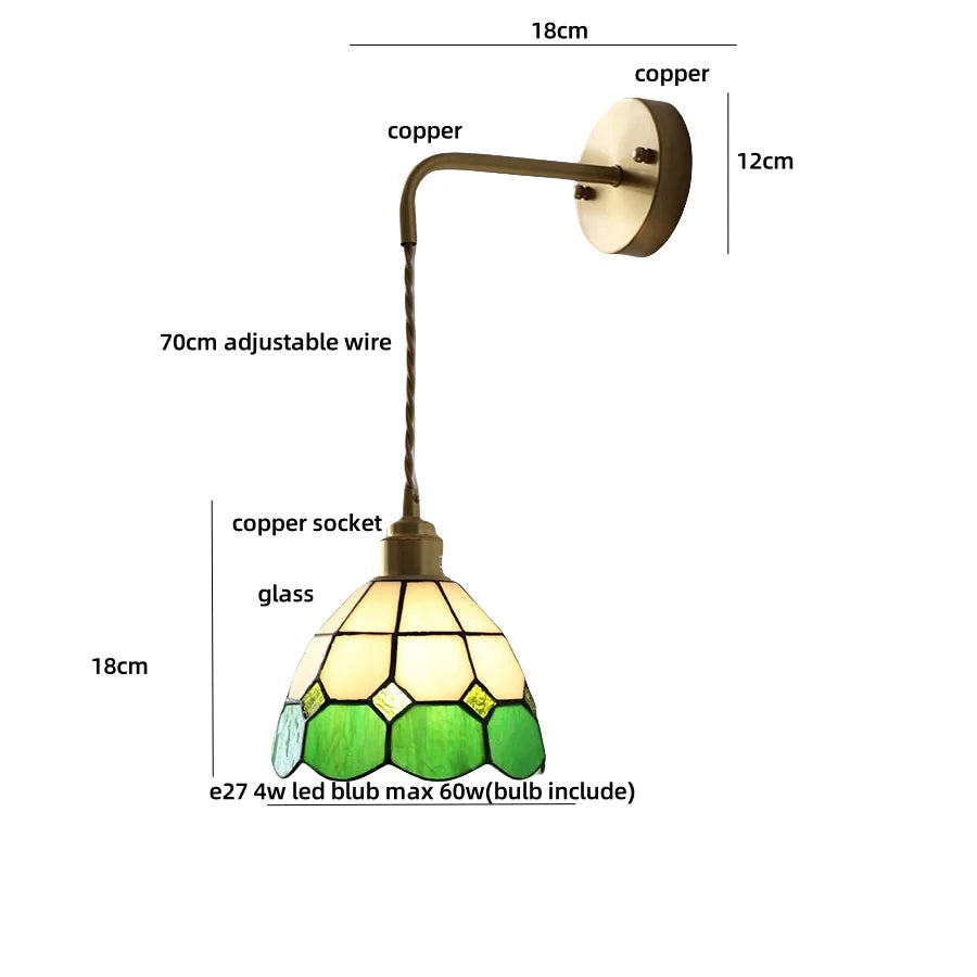 Afralia™ Tiffany Glass LED Wall Sconce | Adjustable Wire Fixture | Modern Pull Chain Switch